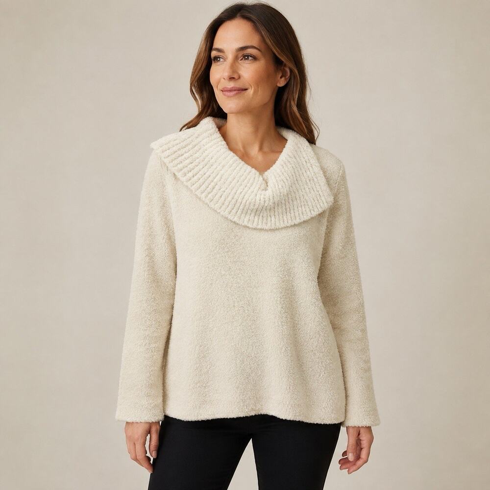 J Jill PureJill Tunic Sweater XL Ivory Fluffy Chenille Knit Split Shawl Collar